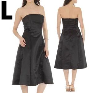 Black Satin Strapless Princess Seamed Midi Dress Tube Top Fit Flare LARGE 12 14